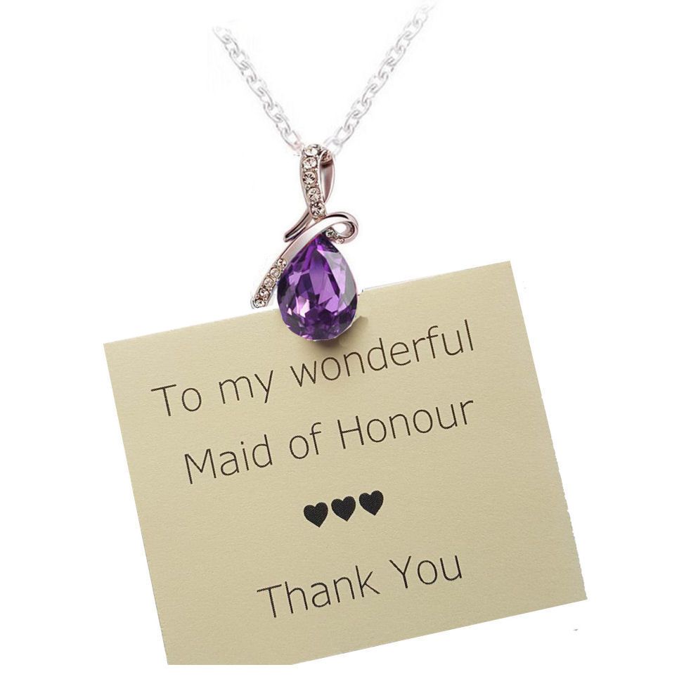 Maid of Honour Heart Pendant Necklace with Purple Crystal Gem, Thank You Card & Organza Bag