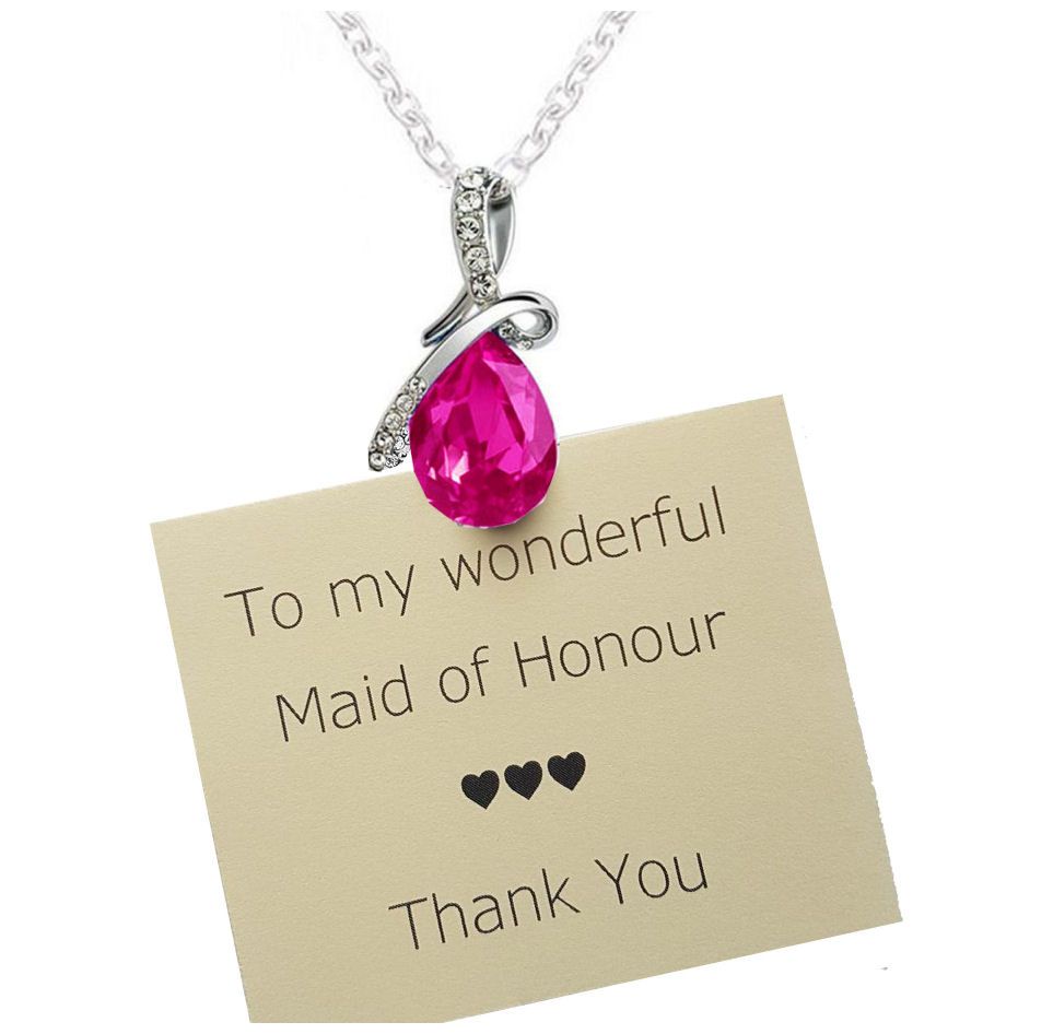Maid of Honour Heart Pendant Necklace with Pink Crystal Gem, Thank You Card & Organza Bag