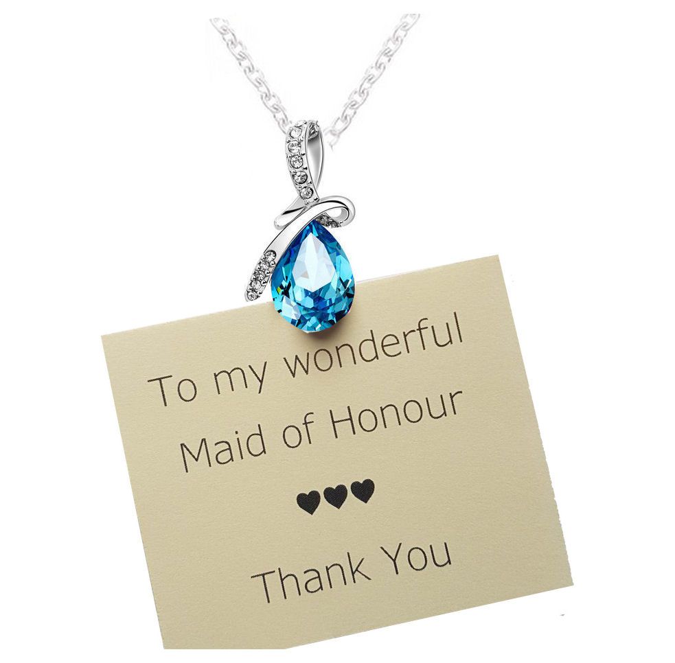 Maid of Honour Heart Pendant Necklace with Aqua Blue Crystal Gem, Thank You Card & Organza Bag