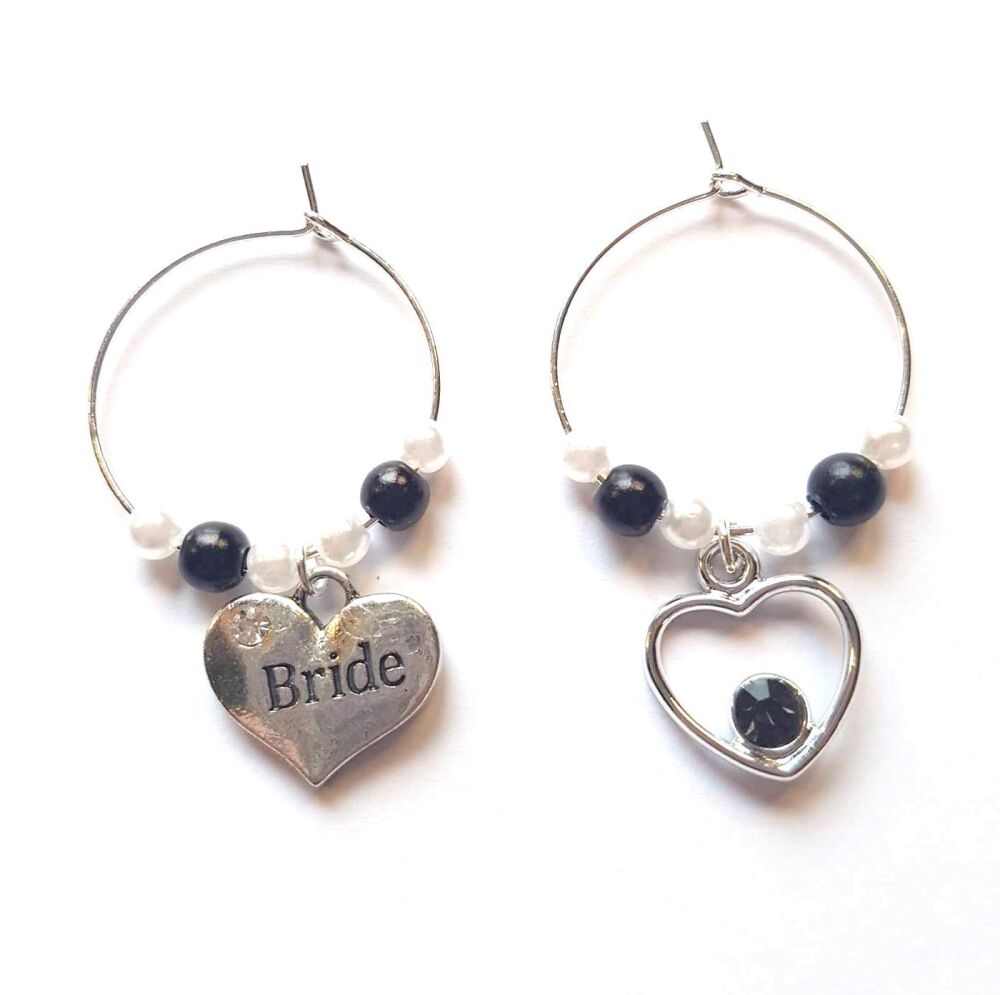 Wine Glass Charms, Bride and Silver Charm With Black Detail. Wedding Theme,