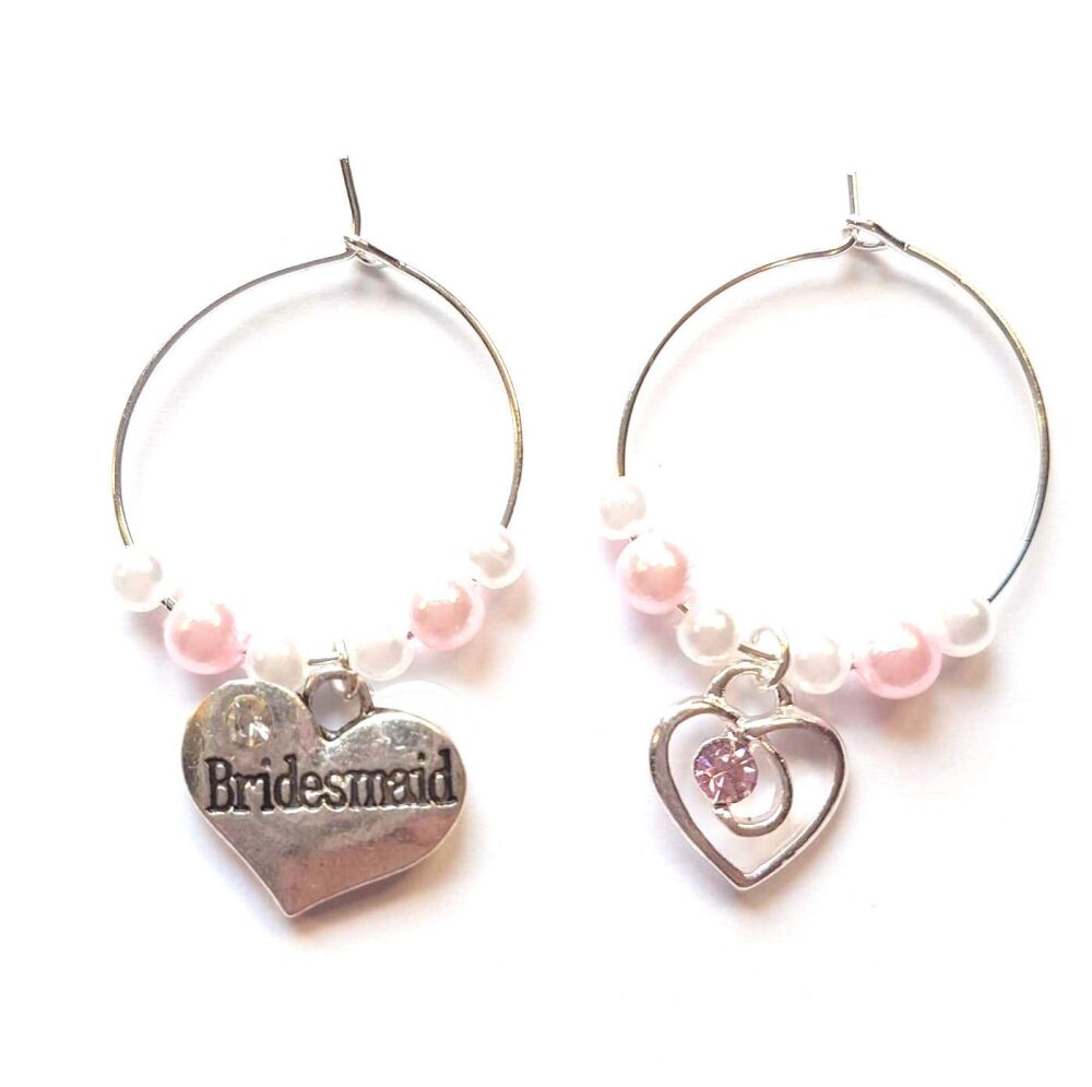 Bridesmaid Wine Glass Charm and Silver Heart Charm With Baby Pink Detail. Wedding Theme, Set of 2