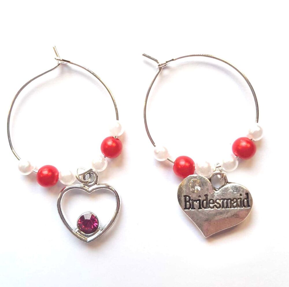 Bridesmaid Wine Glass Charm and Silver Heart Charm With Red Detail. Wedding