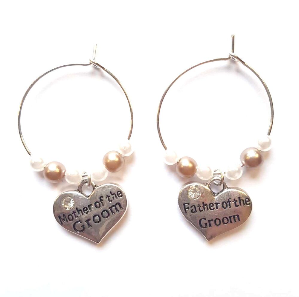 Wine Glass Charms, Father and Mother of the Groom - Silver Wedding Theme, Set of 2