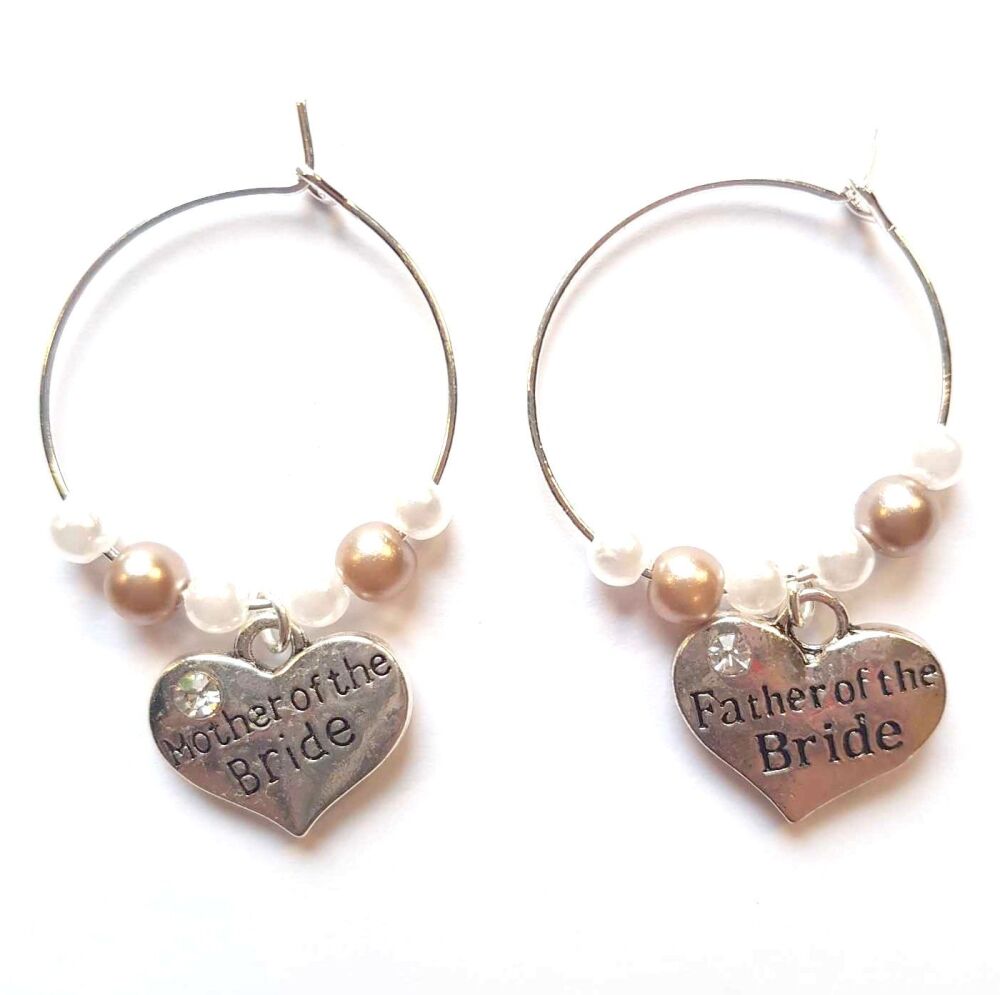 Wine Glass Charms, Father and Mother of the Bride - Silver Wedding Theme, Set of 2