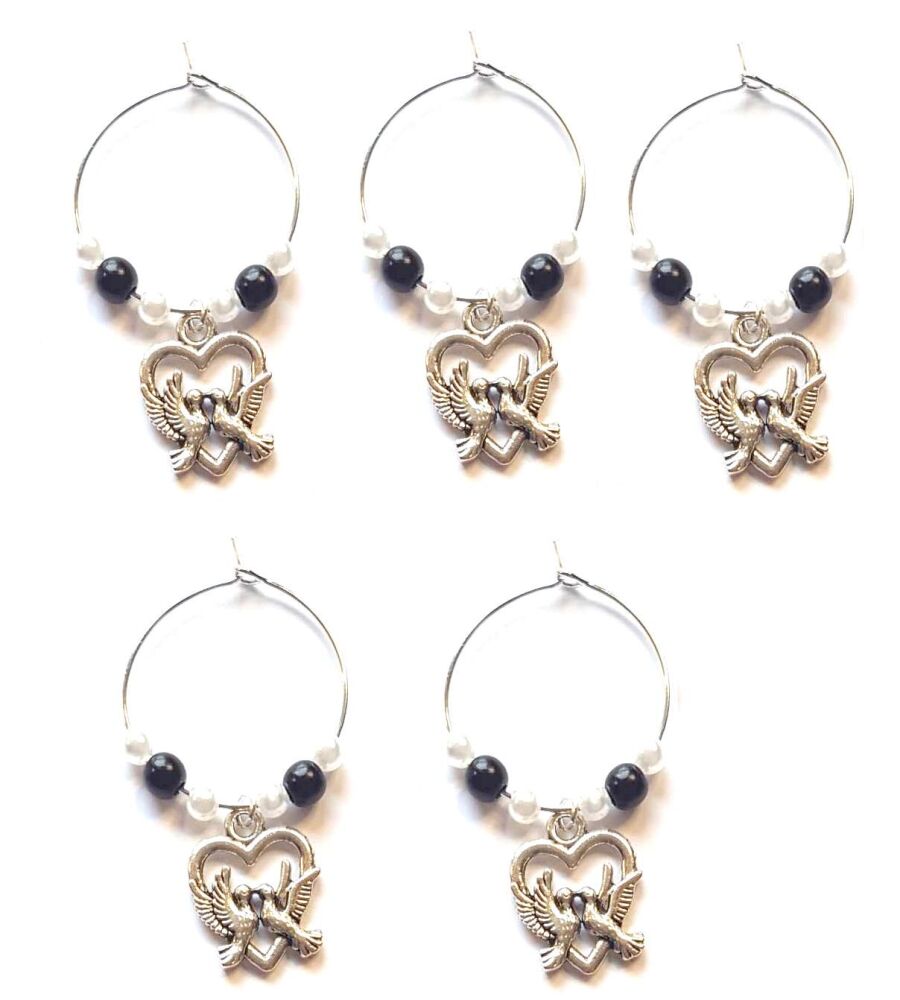 Wine Glass Charms x 5, Doves - Silver Wedding Theme with Black and White De