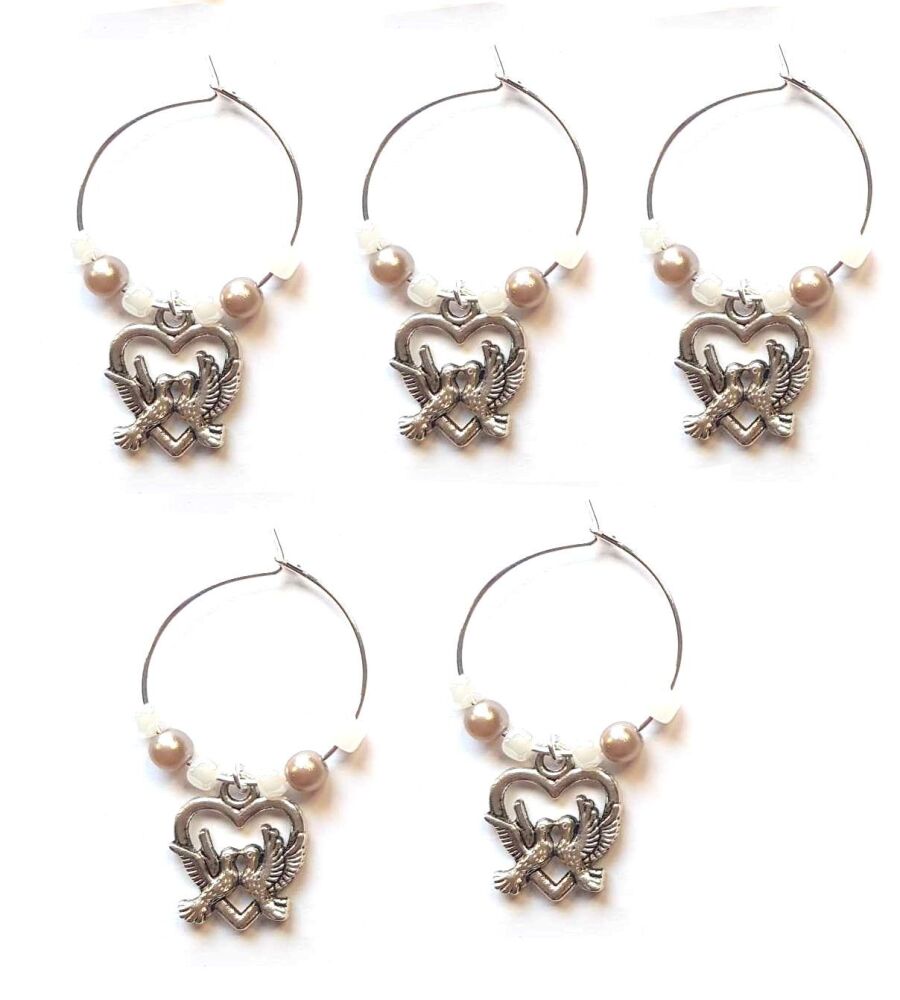 Wine Glass Charms x 5, Doves - Silver Wedding Theme with Beige and White De