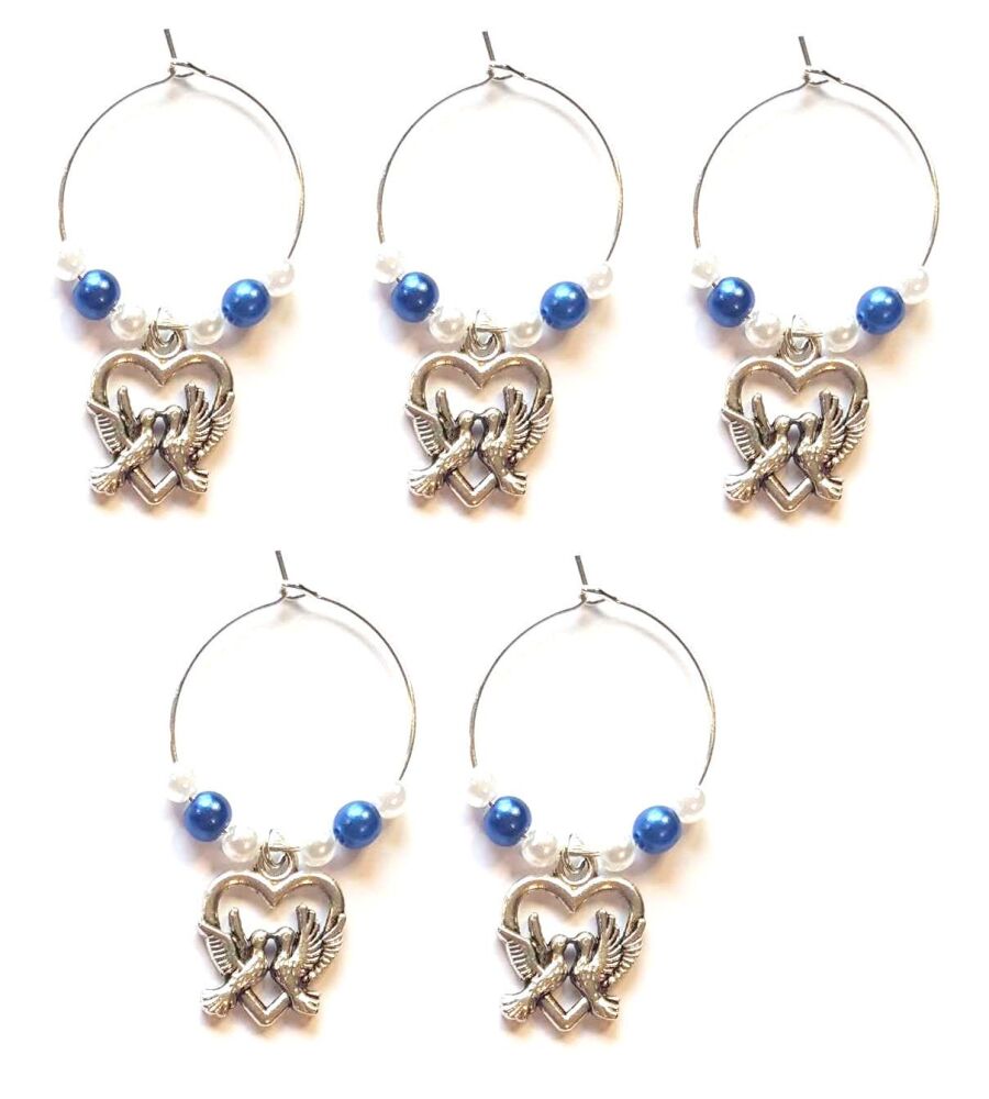 Wine Glass Charms x 5, Doves - Silver Wedding Theme with Blue and White Detail