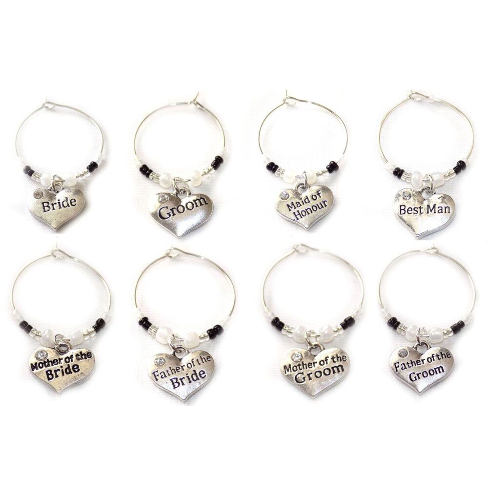 Top Table Wine Glass Charms x 8 - Silver Wedding Theme with Black and White Detail