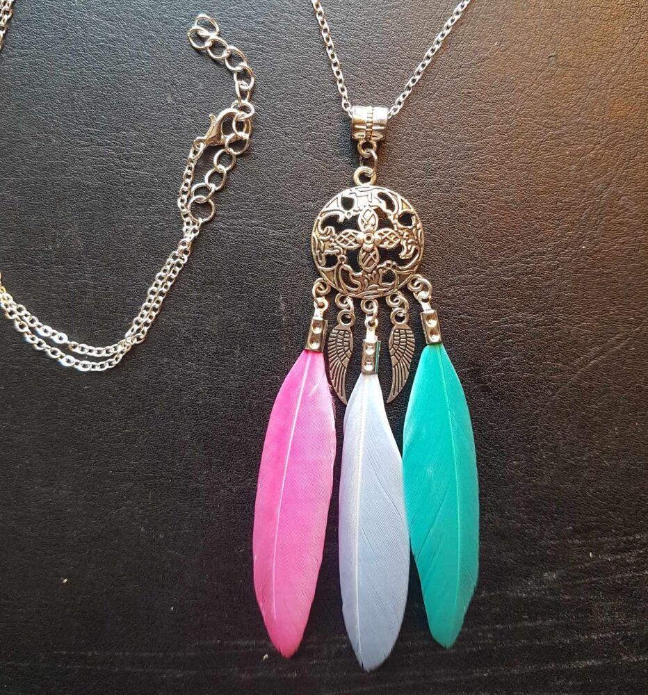 Pastel Feather Necklace with Silver Pendant, Angel Wing Charms and Long Chain