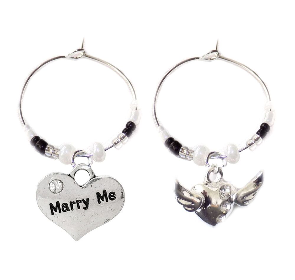 Wedding Proposal Wine Glass Charms, Marry Me! - Silver Wedding Theme, Set of 2