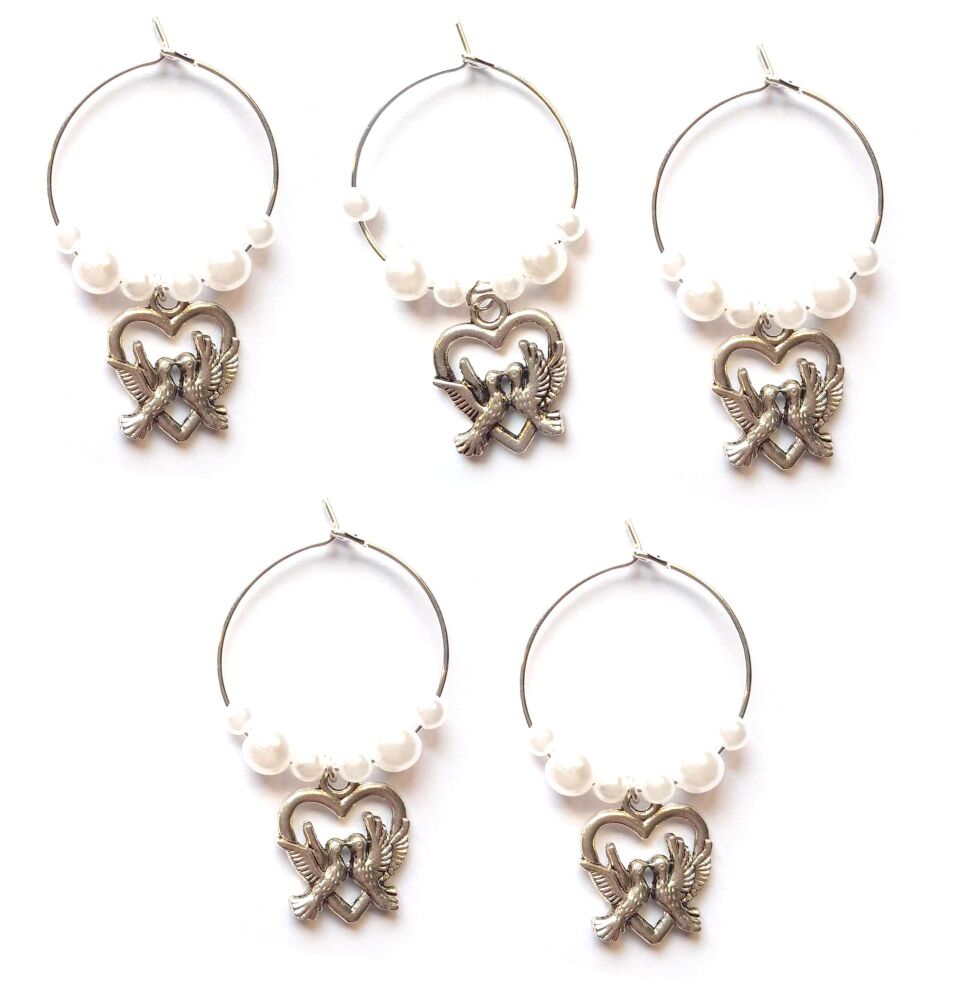 Wine Glass Charms x 5, Doves - Silver and White Wedding, Anniversary Theme