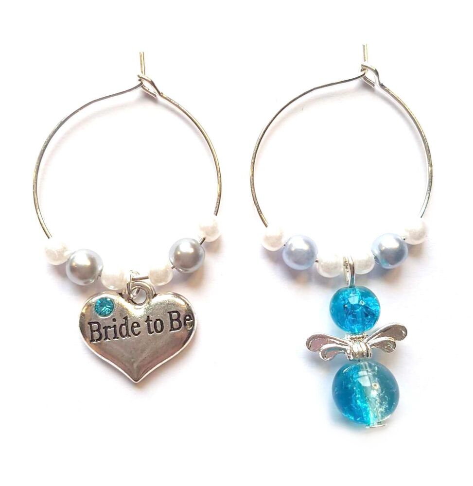 Bride to Be and Guardian Angel Wine Glass Charms. Wedding Theme, Set of 2, Blue Theme