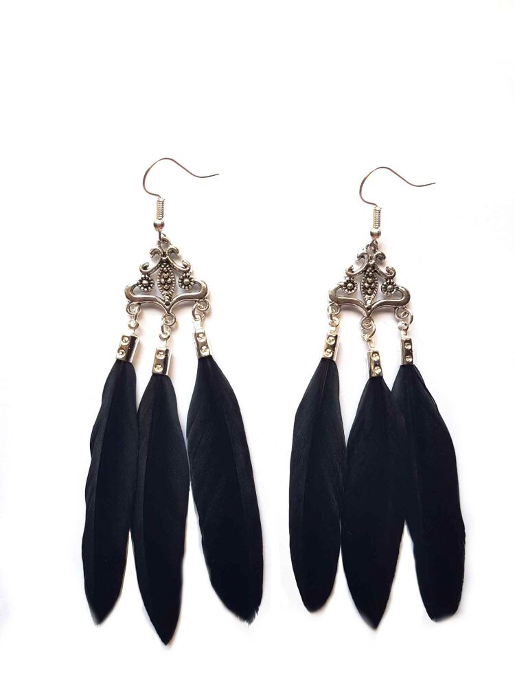 Black Feather Earrings with Silver Charm and Three Sleek Goose Feathers