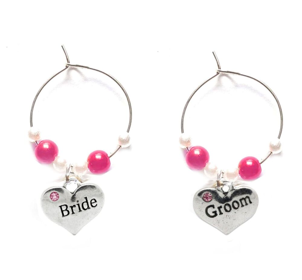 Bride and Groom Wine Glass Charms -Pink and White Wedding Theme, Set of 2