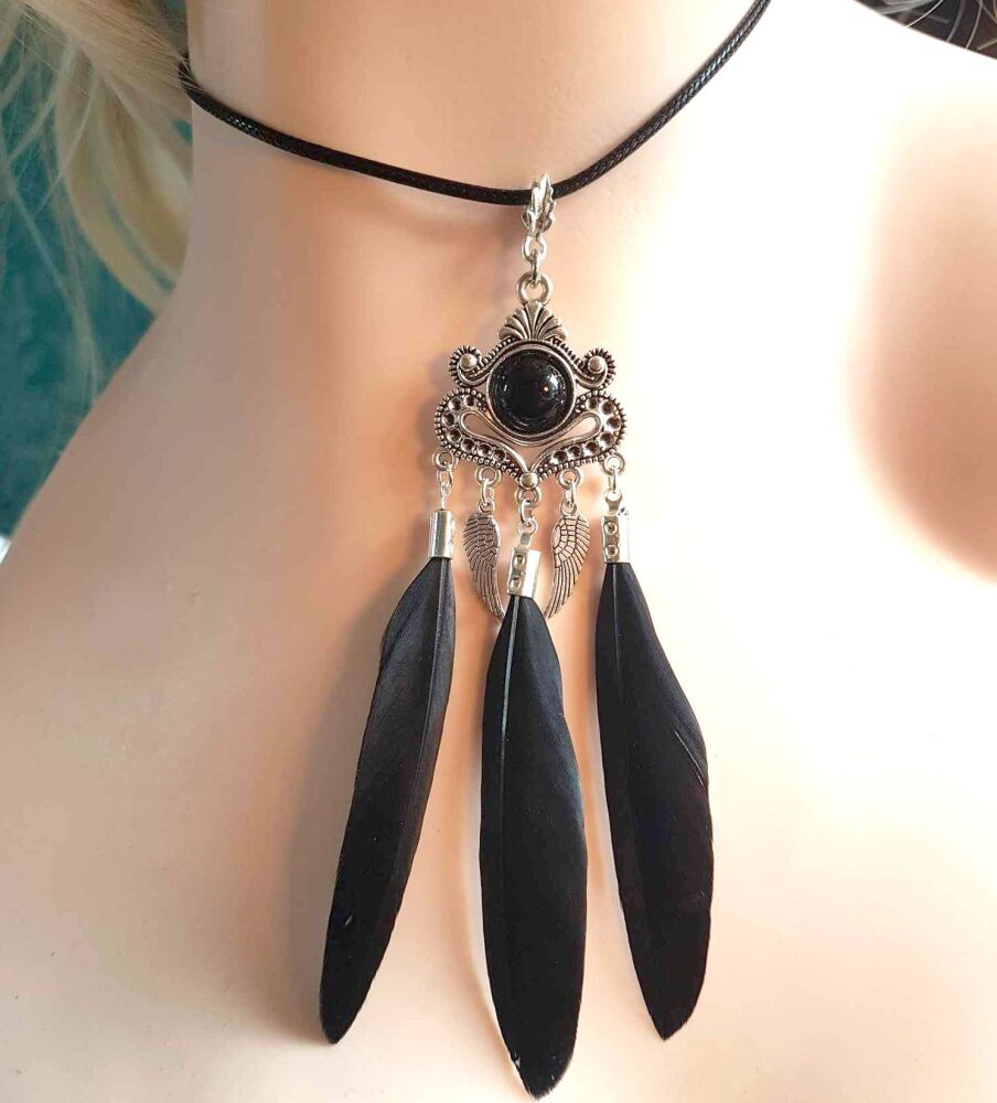 Black Feather Necklace with Angel Wing Silver Charms and Black Cord Necklac