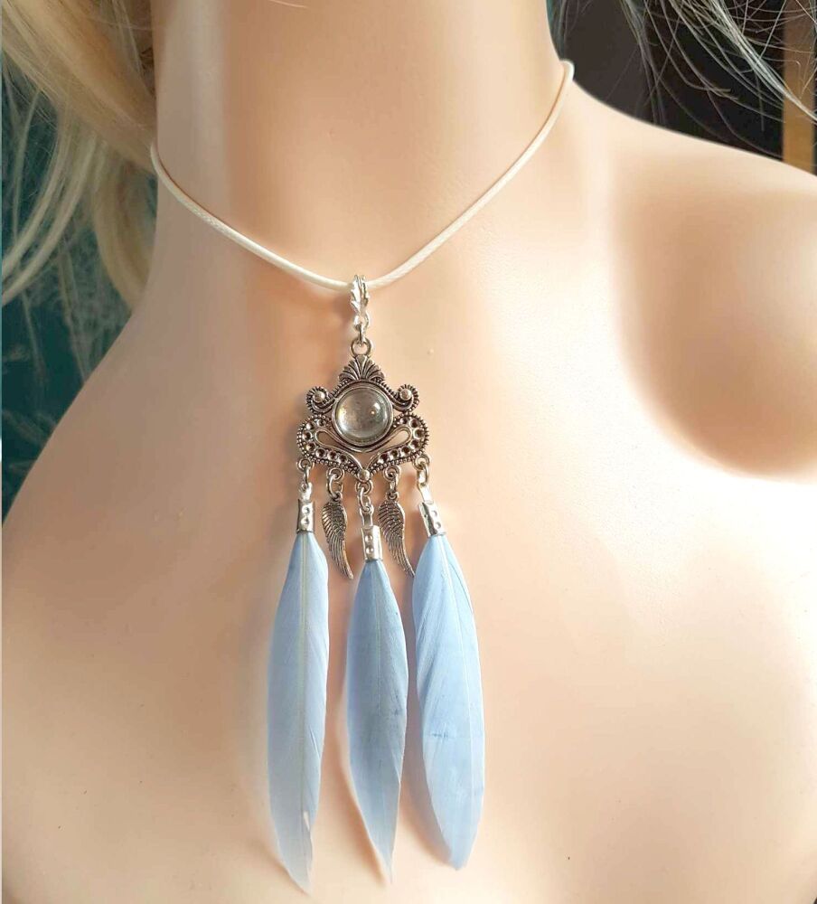 Light Blue Feather Necklace with Angel Wing Silver Charms and White Cord Necklace