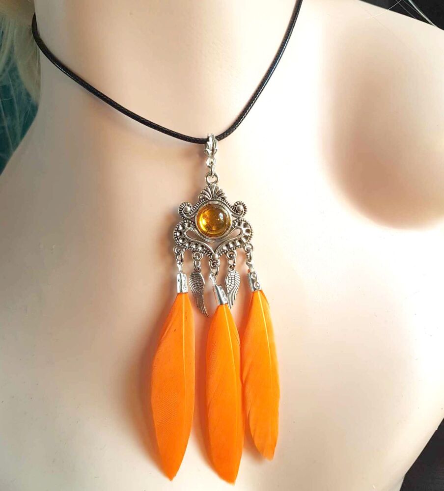 Orange Feather Necklace with Angel Wing Silver Charms and Black Cord Neckla