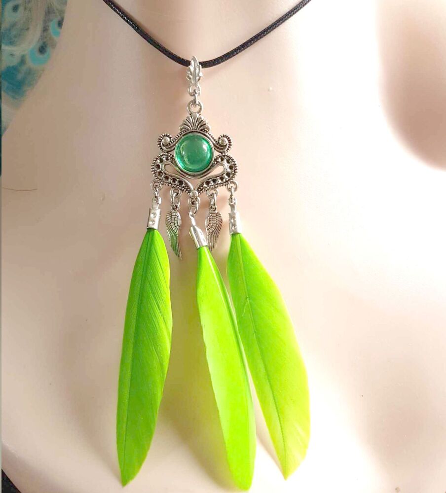 Lime Green Feather Necklace with Angel Wing Silver Charms and Black Cord Necklace