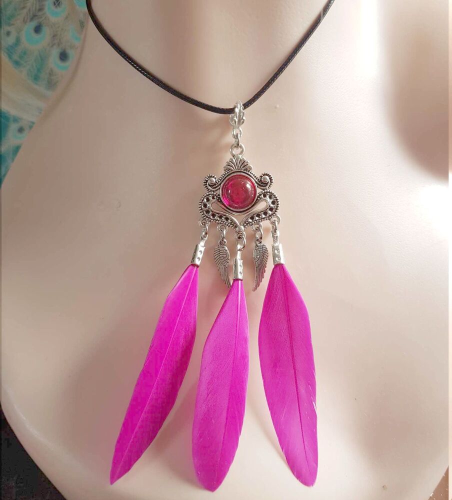 Shocking Pink Feather Necklace with Angel Wing Silver Charms and Black Cord Necklace