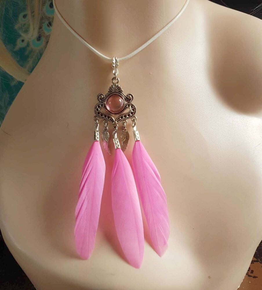 Hot Pink Feather Necklace with Angel Wing Silver Charms and White Cord Neck