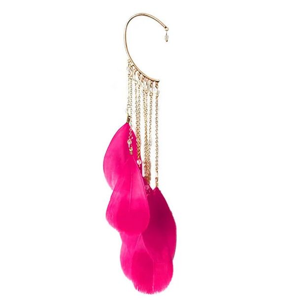 Shocking Pink and Gold Cuff Feather Ear Single Piece (for non pierced ears)