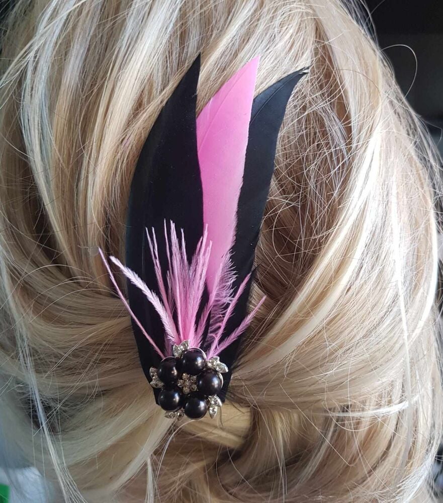 Hot Pink and Black Feather Hair Clip, Pointed