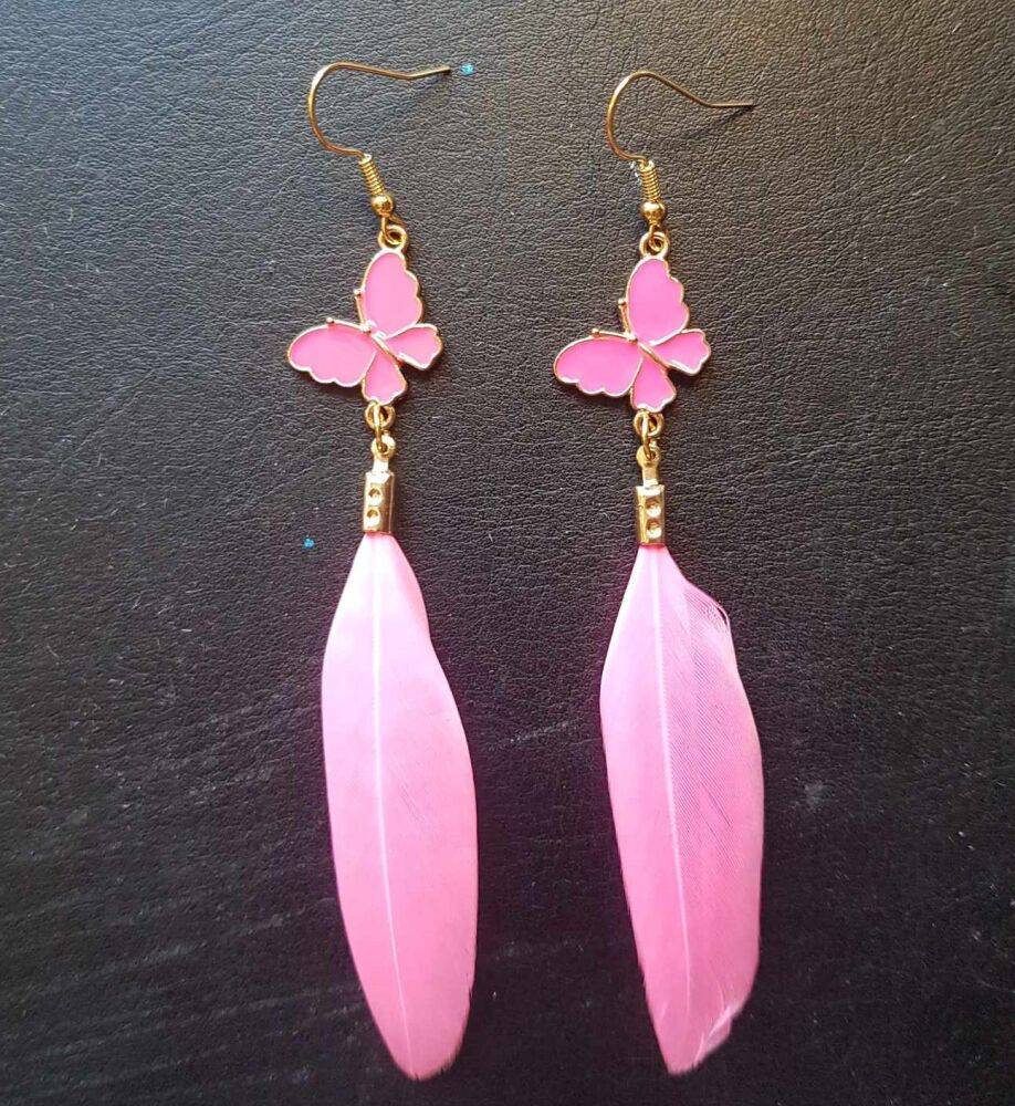 Dazzling Hot Pink and Gold Feather Earrings with Butterfly Charm