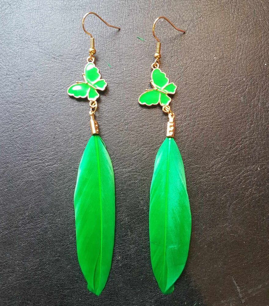 Dazzling Green and Gold Feather Earrings with Butterfly Charm