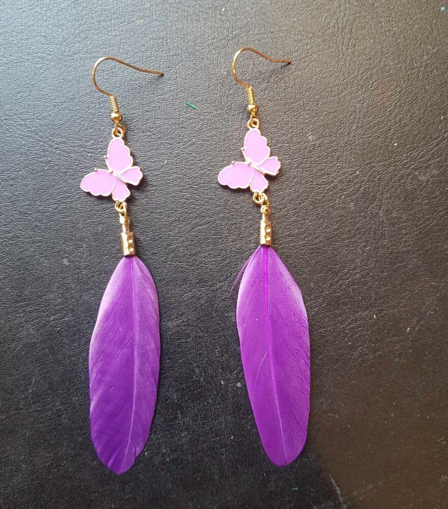 Dazzling Purple and Gold Feather Earrings with Butterfly Charm