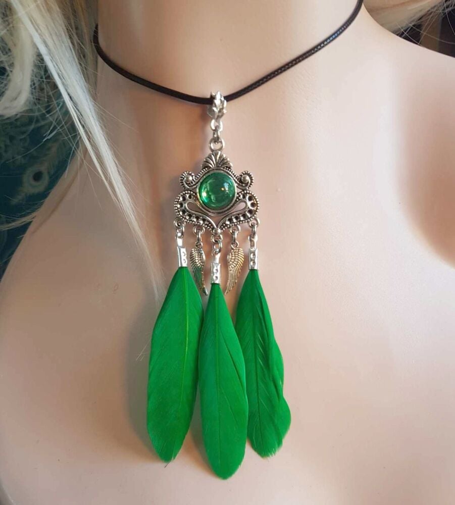 Green Feather Necklace with Angel Wing Silver Charms and Black Cord Necklac