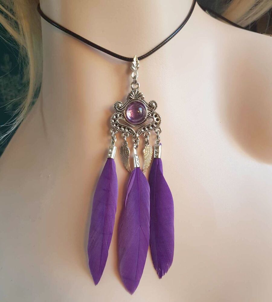 Purple Feather Necklace with Angel Wing Silver Charms and Black Cord Necklace