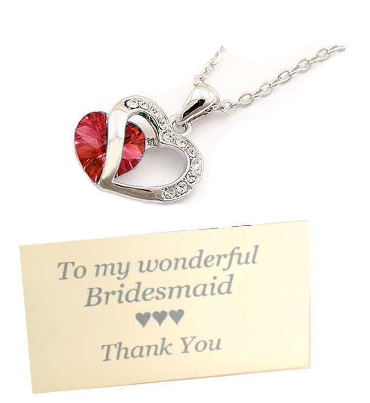 Bridesmaid  Pendant Necklace with Rhinestone & Red Crystal Gem, Thank You C