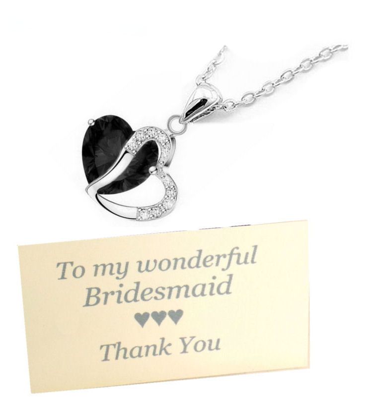 Bridesmaid Pendant Necklace with Rhinestone & Black Gem, Thank You Card & O