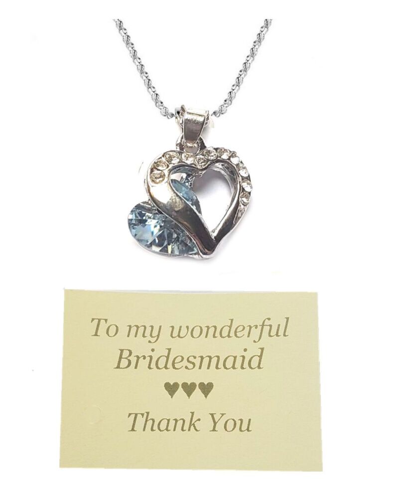 Bridesmaid Pendant Necklace with Rhinestone & Pale Blue Gem, Thank You Card