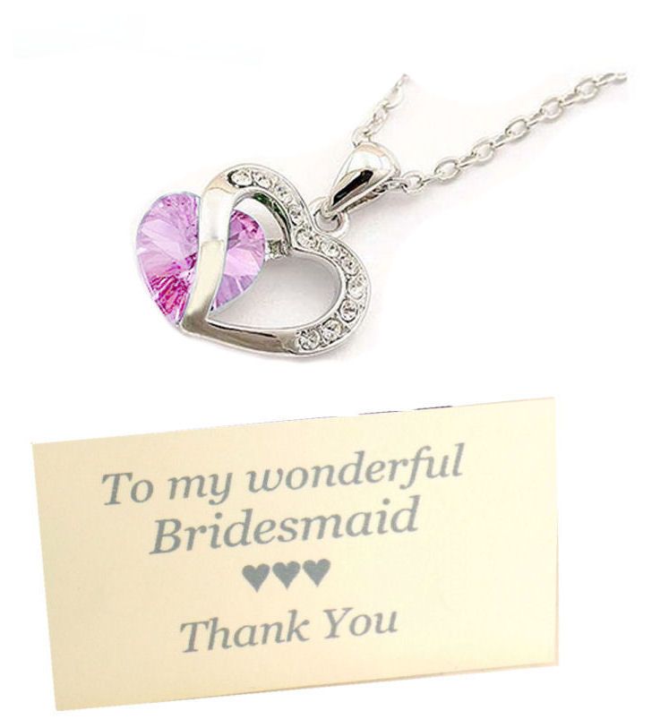 Bridesmaid Pendant Necklace with Rhinestone & Pink Gem, Thank You Card & Or