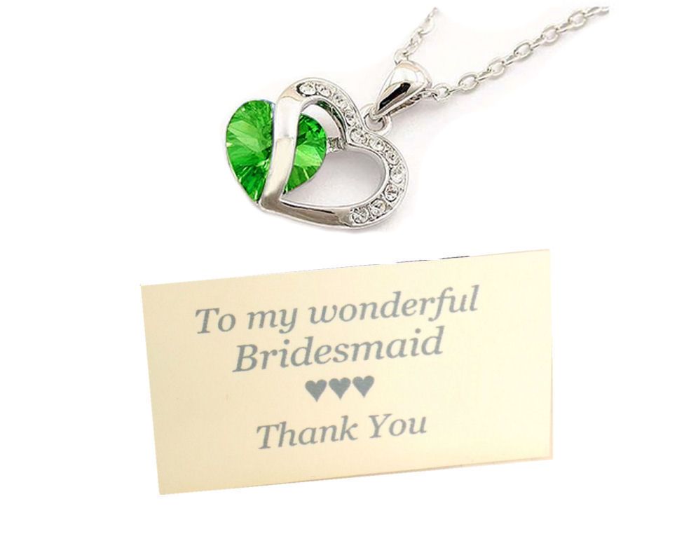 Bridesmaid Pendant Necklace with Rhinestone & Green Gem, Thank You Card & O