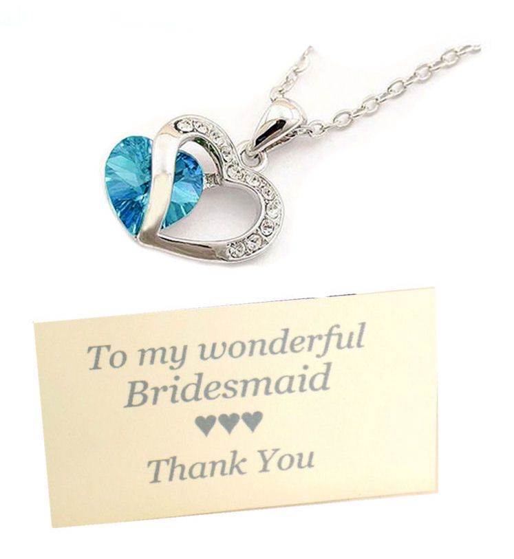 Bridesmaid Pendant Necklace with Rhinestone & Aqua Blue Gem, Thank You Card & Organza Bag