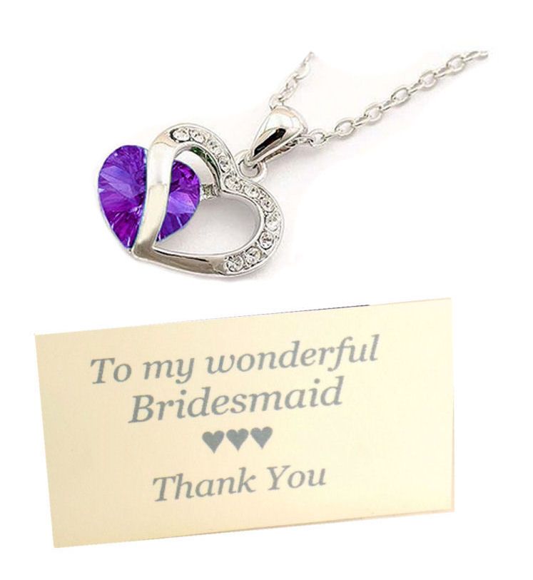 Bridesmaid Pendant Necklace with Rhinestone & Purple Gem, Thank You Card & 