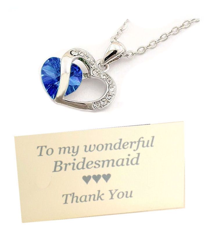 Bridesmaid Pendant Necklace with Rhinestone & Royal Blue Gem, Thank You Car