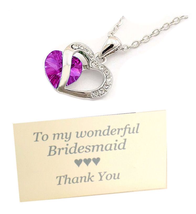 Bridesmaid Pendant Necklace with Rhinestone & Plum Purple Gem, Thank You Ca