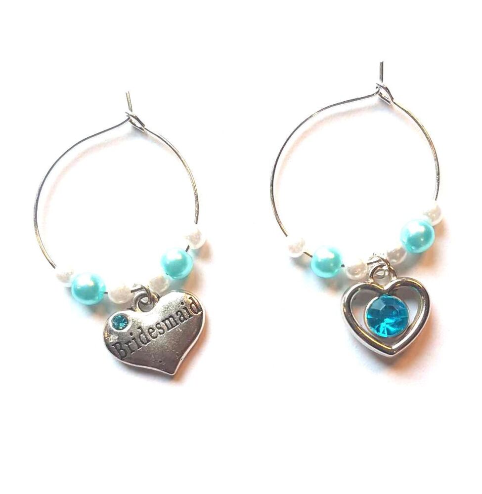 Bridesmaid Wine Glass Charms, Bride and Silver Charm With Aqua Blue Detail. Wedding Theme, Set of 2