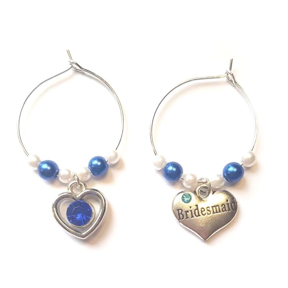 Bridesmaid Wine Glass Charms, Bride and Silver Charm With Royal Blue Detail