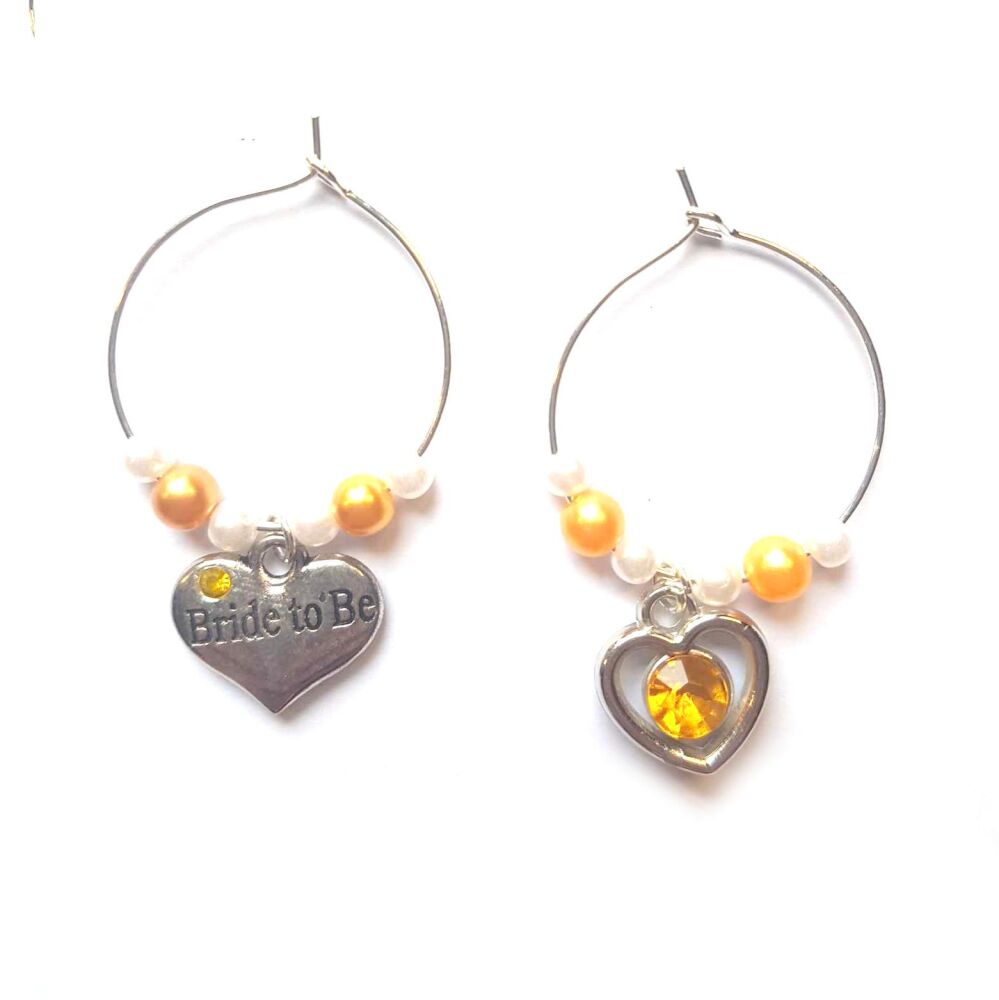 Bride to Be Wine Glass Charm and Silver Heart Charm With Yellow Detail. Wedding Theme, Set of 2