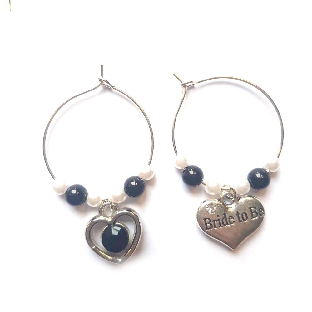 Bride to Be Wine Glass Charm and Silver Heart Charm - Black and White Theme. Wedding Theme, Set of 2