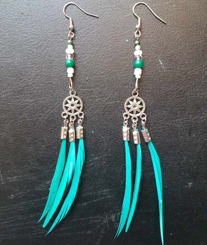 Jade Green Goose Biot Feather Earrings with Bead Detail