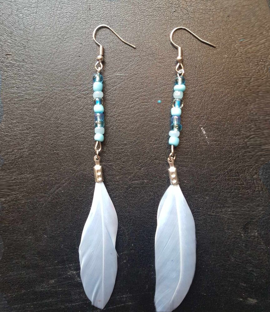 Light Blue Goose Feather Earrings with Bead Detail