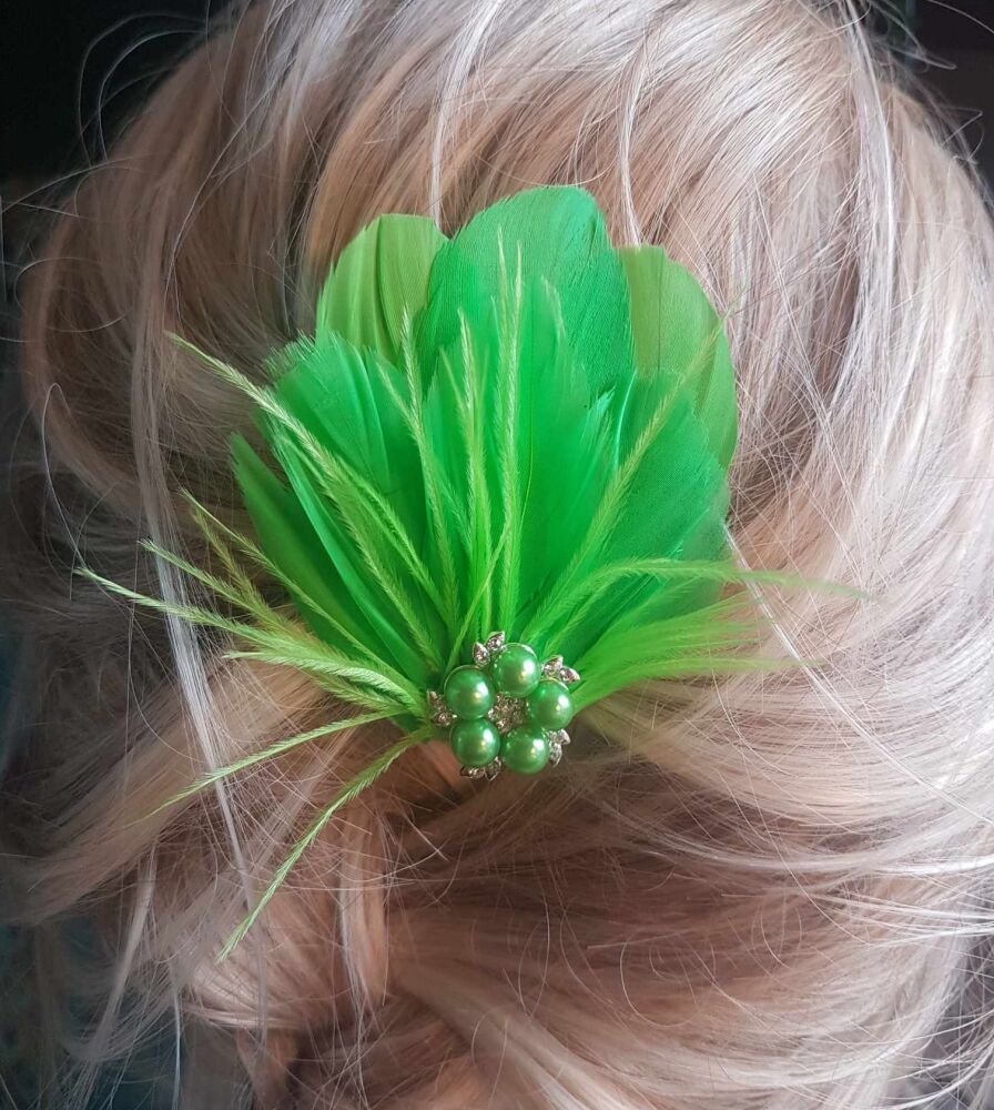 Lime Green Feather Hair Clip with Ostrich Hurl and Pearl, Diamante Gem