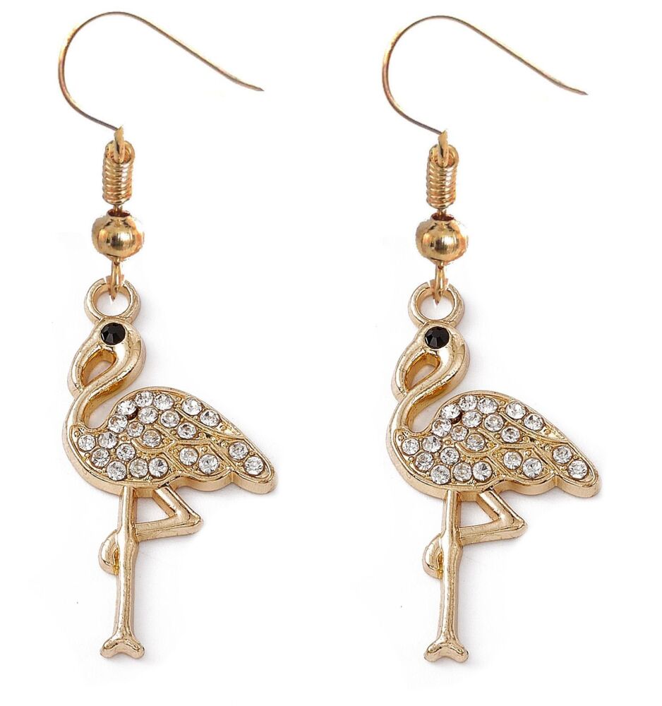 Flamingo Earrings - Gold with Rhinestones, Handcrafted