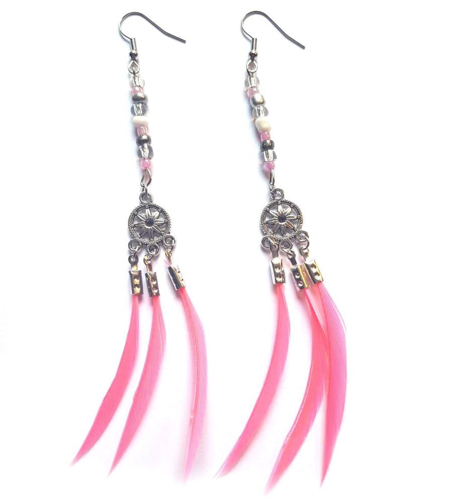 Hot Pink Goose Biot Feather Earrings with Bead Detail