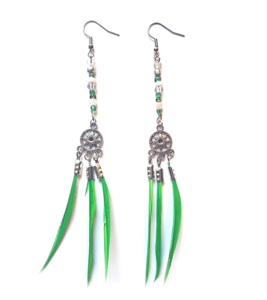 Green Goose Biot Feather Earrings with Bead Detail